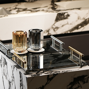 酒店风卫浴置物架家用水晶玻璃长方形带把手托盘洗漱用品刷牙杯架