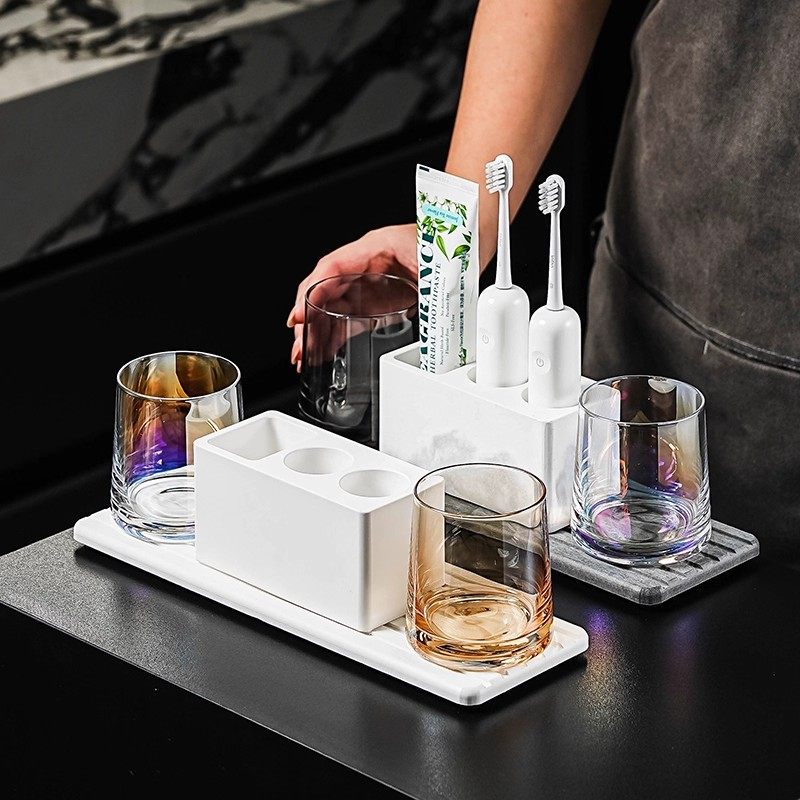 简约硅藻泥电动牙刷架置物架底座卫生间家用吸水垫双人洗漱杯套装