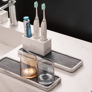 卫生间电动牙刷架洗漱口杯置物架硅藻泥土吸水垫简约牙杯沥水托盘