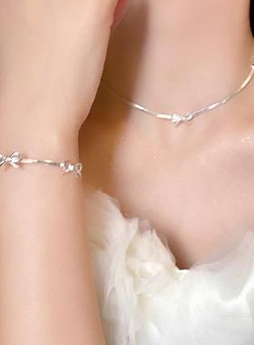 轻奢小众冷淡风银色蝴蝶结项链