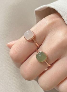 新中式仿和田玉食指戒女方形复古气质指环中国风小方糖玉石戒指