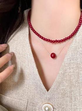 秋冬红色串珠锁骨链2024新款