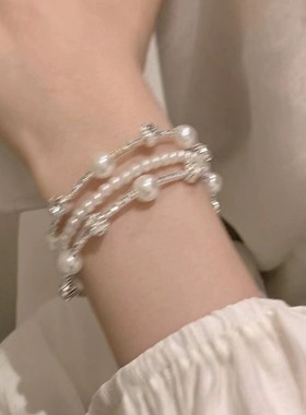 小众设计感气质三层珍珠带钻手环可调节时尚手链新款仙气飘飘女