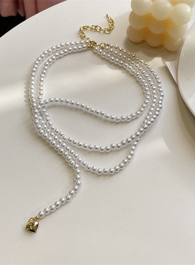 韩国高级设计多层珍珠爱心项链女
