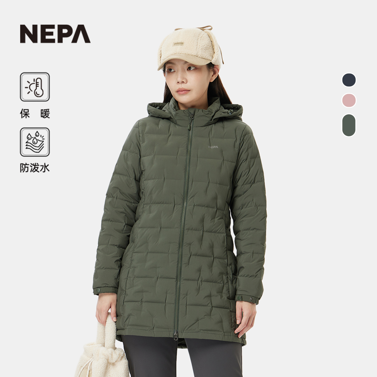 NEPA女士立领中长款带帽羽绒服