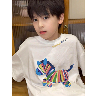 中大童儿童短袖夏季彩虹马印花卡通t恤男童纯棉宽松半袖男孩上衣