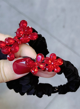 新款高端发绳发圈花朵蝴蝶结新年本命年红色水钻发绳高弹力小肠圈