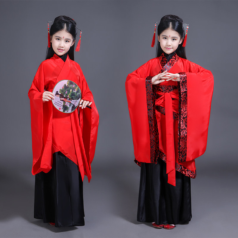 儿童古装改良汉服女童古风舞蹈演出服红色仙女裙唐装曲裾礼仪之邦