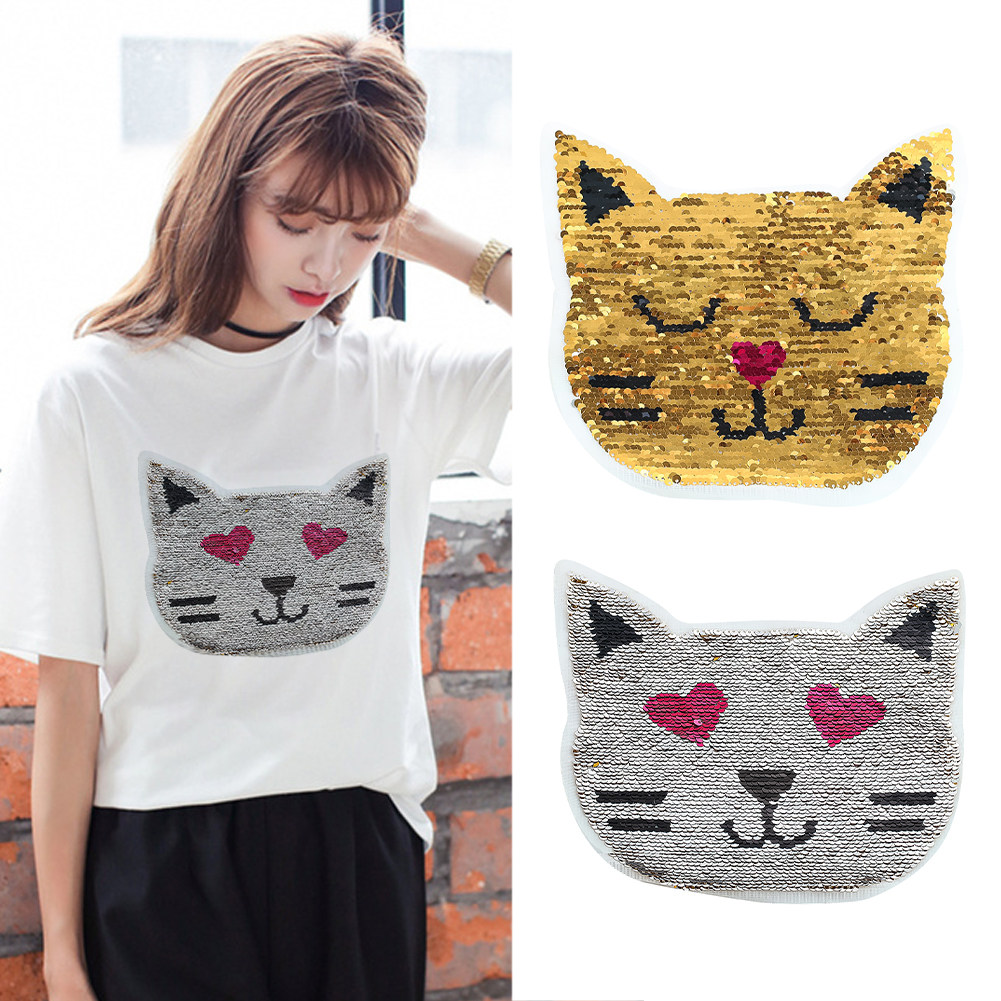亮片翻转变色卡通猫头双面图案珠片布贴装饰服装辅料时尚贴花补丁