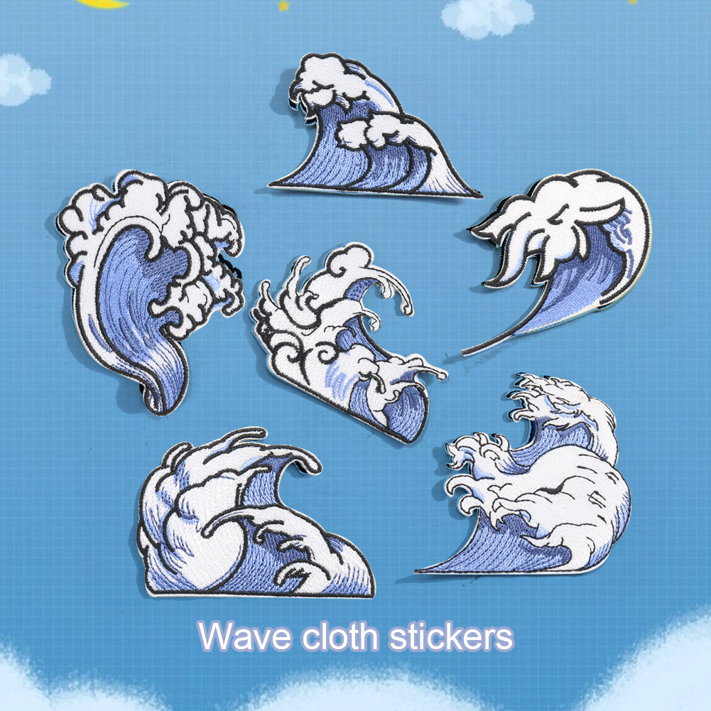 卡通海浪徽章浪花贴花儿童衣服布料补丁贴衣帽装饰背胶刺绣布贴