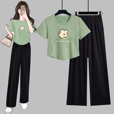 夏季新款温柔系穿搭一整套短款修身短袖T恤女上衣+阔腿裤两件套潮