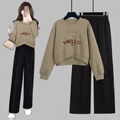 上衣阔腿九分裤 休闲宽松交叉长袖 两件套 女秋季 韩系设计感卫衣套装