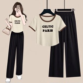 甜辣风短款 穿搭一整套女法式 短袖 上衣 两件套 夏装 高腰阔腿裤 时尚