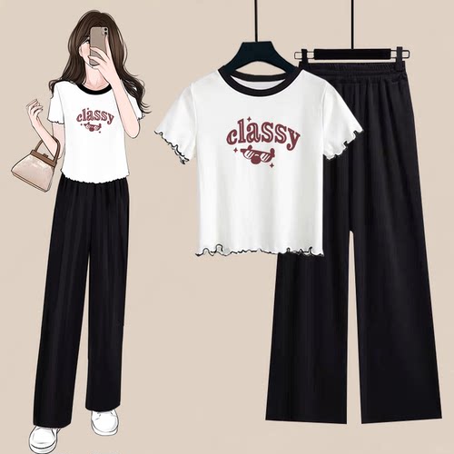 时尚减龄套装女夏季木耳边设计感短款短袖t恤+高腰阔腿裤两件套潮