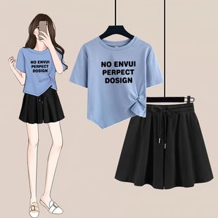 韩系辣妹休闲运动套装女夏显瘦百搭不规则短袖+短裤裙时尚两件套