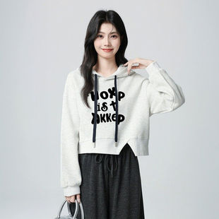 薄/加绒秋冬季新款小众设计下摆开叉短款连帽卫衣女宽松套头上衣