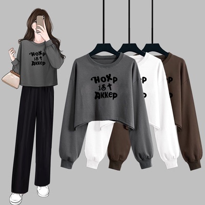 复古港风短款字母印花圆领卫衣女春秋季时尚宽松百搭设计长袖上衣