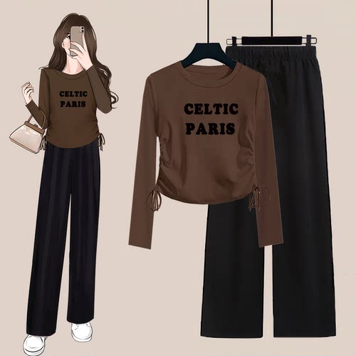 春秋季新款套装女小个子设计感短款抽绳长袖T恤上衣+阔腿裤两件套