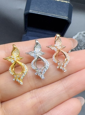 银镀金耳钉空托时尚简约镂空蝴蝶结水滴形6×8mm百搭女耳饰银托