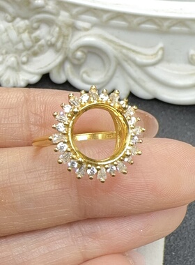 S925银镀金戒指空托日韩时尚围钻镶嵌圆形10*10mm彩宝开口银托diy