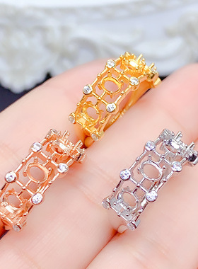 银戒指空托椭圆形3*4mm花边排戒个性橄榄石水晶银底托