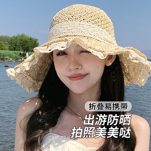 海边拍照日系蕾丝草帽女夏天沙滩度假旅游遮阳防晒渔夫帽太阳帽子