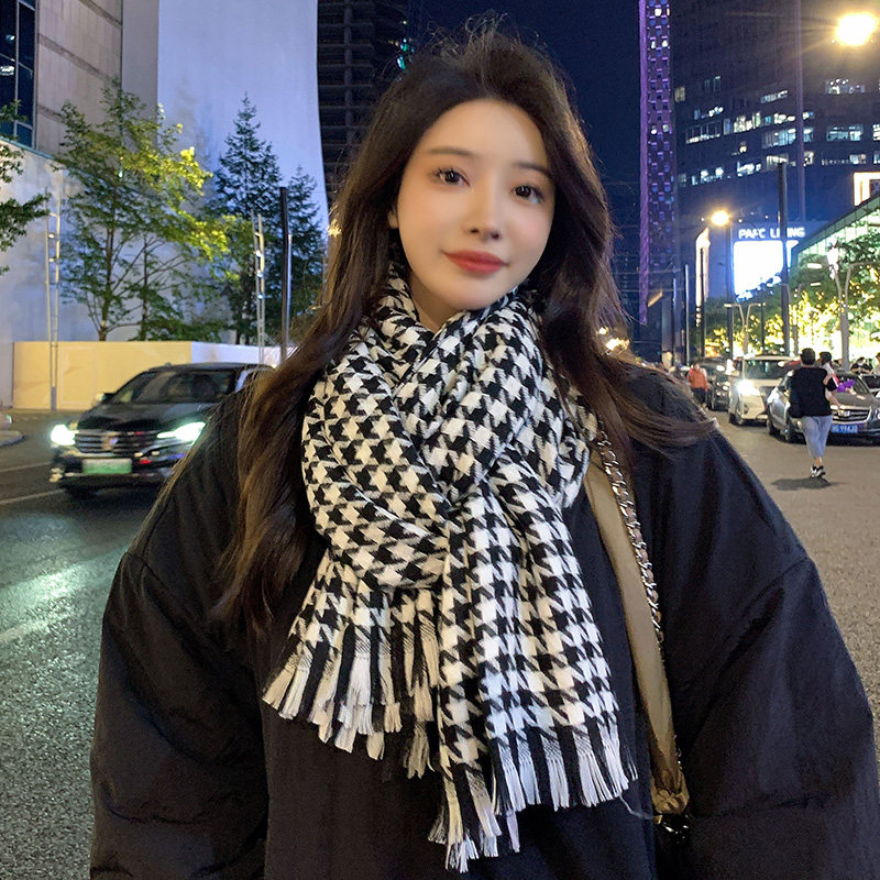 黑白千鸟格大围巾女秋冬季2025新款英伦风复古格子韩系情侣围脖男