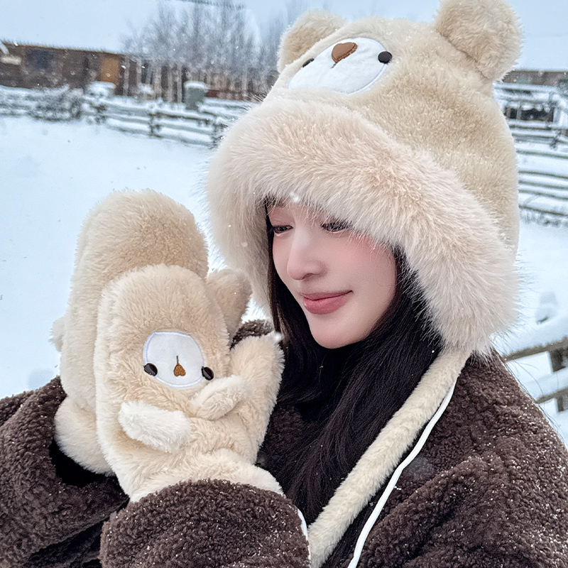 定制版加厚加绒小熊耳朵帽子手套