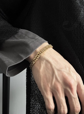 欧美镀18k金喜平链手链美式嘻哈复古叠戴男士钛钢潮金色古巴手饰