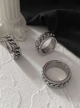 欧美ins潮牌指环男士个性转动链条戒指情侣对戒食指尾戒钛钢饰品