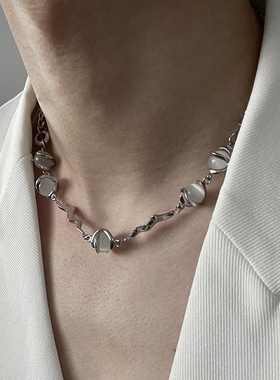 原创白昼系列玉珠子钛钢项链男女高级感轻奢小众嘻哈潮锁骨链男款