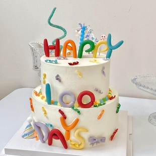 网红ins风满月百天生日蛋糕装饰插件软胶彩色HAPPY100DAY字母摆件