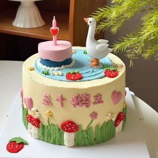 三十鹅立生日蛋糕装饰插件网红软胶小白鹅摆件直杆小爱心蜡烛配件