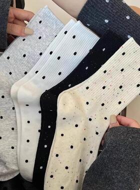 点子纱波点白色袜子女中筒袜ins潮纯棉春秋款日系运动秋天长袜