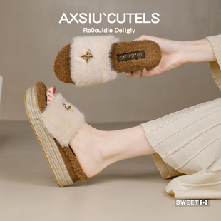 厚底毛毛拖鞋女外穿2025秋冬新款韩版松糕居家增高坡跟毛绒一字拖