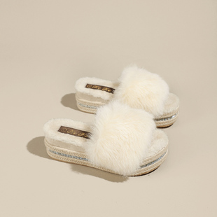 坡跟拖鞋女外穿2025秋冬新款韩版松糕厚底增高鞋高跟一字毛毛拖鞋