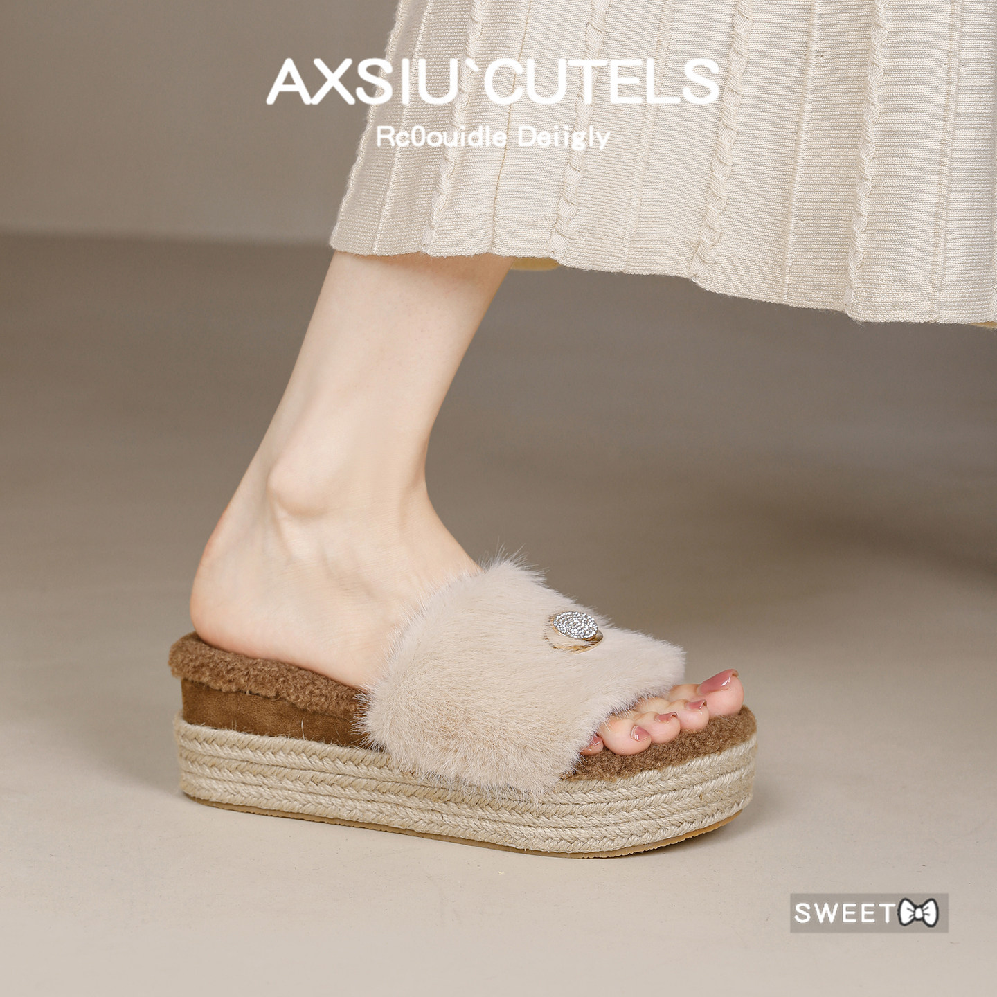 厚底毛毛拖鞋女外穿2026秋冬新款韩版居家增高坡跟杏色毛绒一字拖