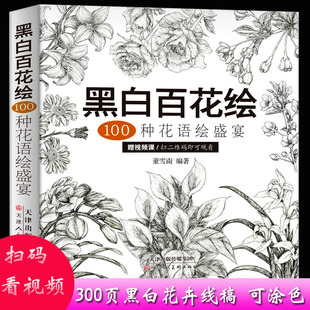 线稿技法书铅笔画教程黑白画意铅笔画教程入门书籍手绘白描工笔花卉黑白线稿集细腻绘画表现技法 100种花语绘盛宴 正版 黑白百花绘