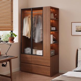 实木衣柜床头柜一体新款中古风转角柜家用小户型玻璃门收纳储物柜