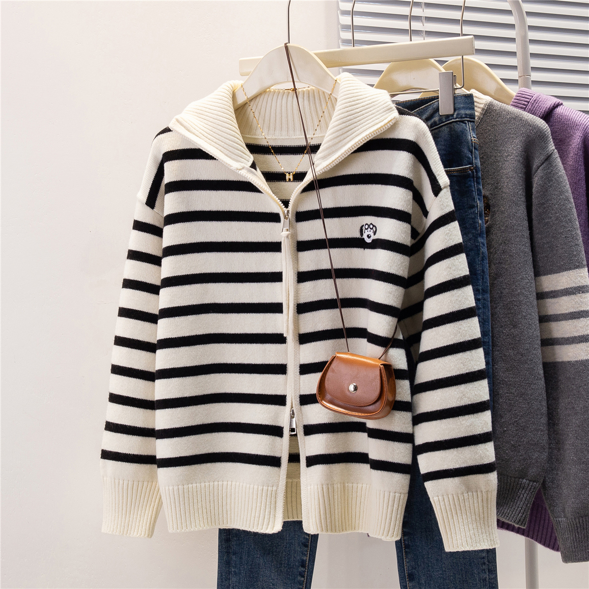条纹立领针织开衫女2025新款