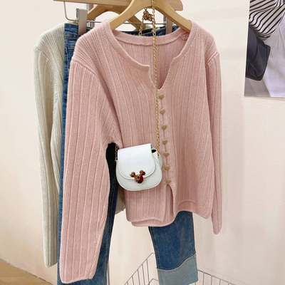 粉色v领毛衣打底针织衫外套女春秋冬2024新款小个子正肩长袖上衣