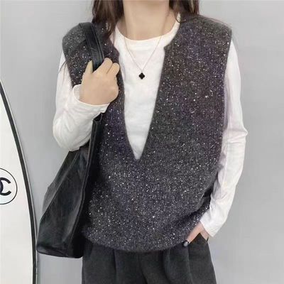亮闪闪设计感坎肩针织衫马甲毛衣女韩版内搭上衣叠穿背心外套重工