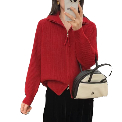 纯色拉链立领针织开衫