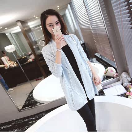 韩版2016秋装新款大码宽松镂空开衫外套女毛衣中长款针织衫女装