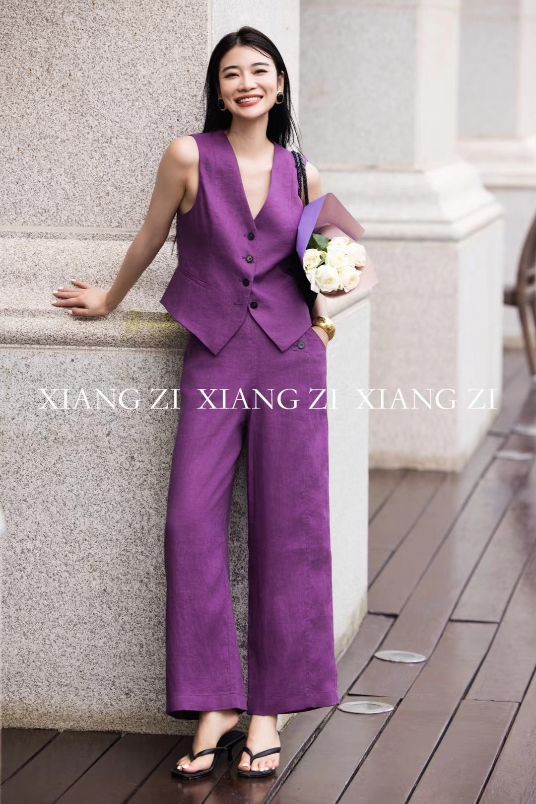 推荐！法式优雅时髦干练气质紫色亚麻马甲九分裤阔腿裤套装女