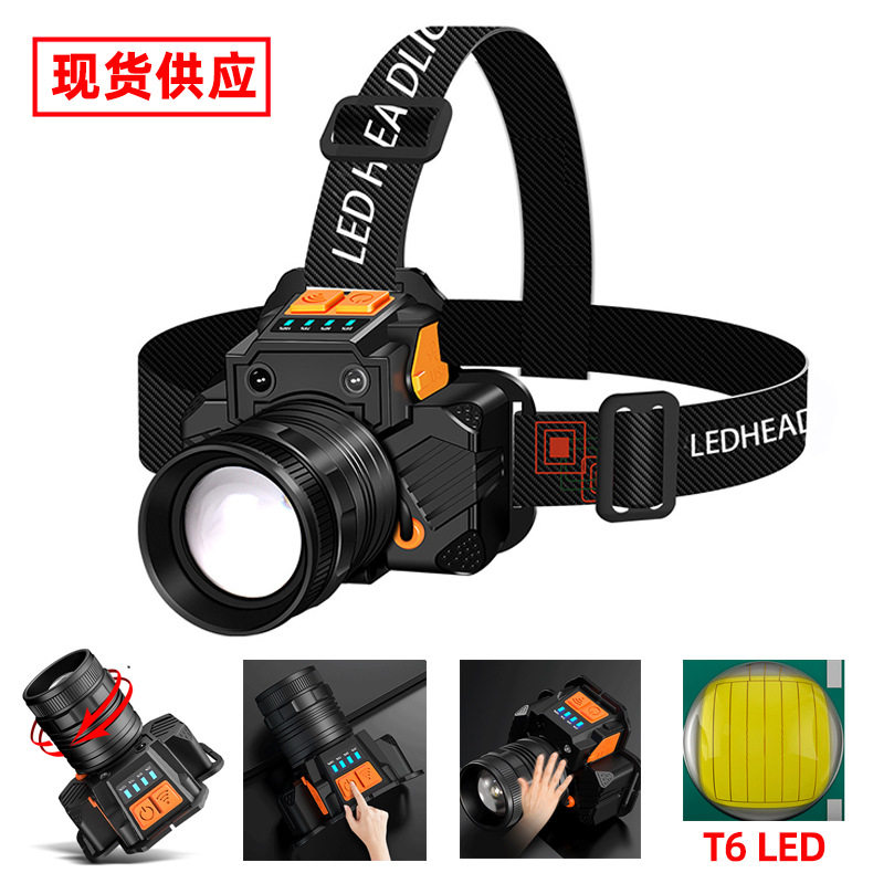跨境矿灯T6变焦头戴式手电USB充电户外led夜钓鱼頭燈强光感应头灯
