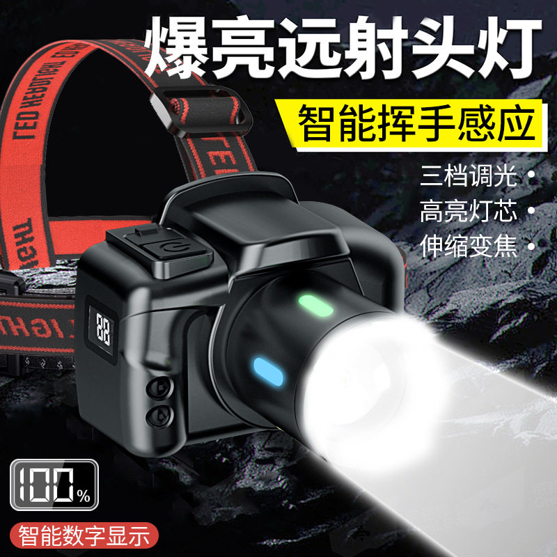 跨境荧光炫彩白激光头灯爆亮远射变焦头灯户外钓鱼骑行应急照明灯