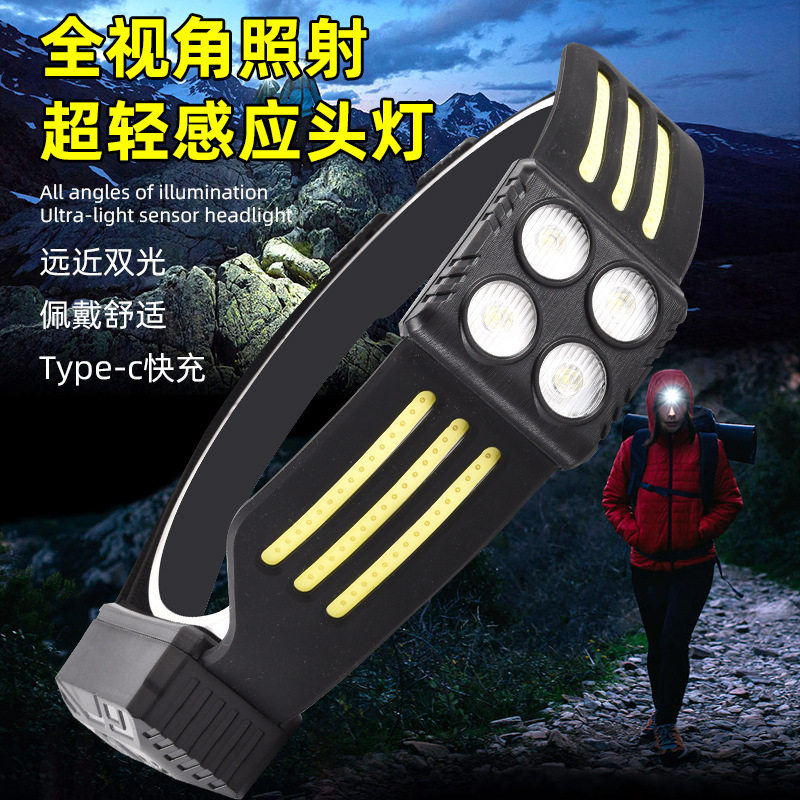 跨境新款大功率COB户外多功能挥手感应头灯Type-c充电夜骑钓鱼灯