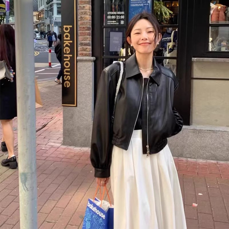美式复古黑色拉链PU夹克女2025秋季新款气质机车风显瘦皮衣外套潮