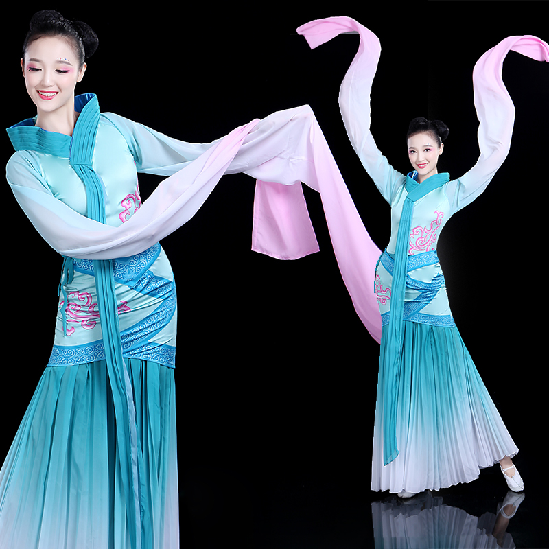 古典舞演出服女中國風飄逸新款清新淡雅仙女采薇水袖舞蹈服裝成人